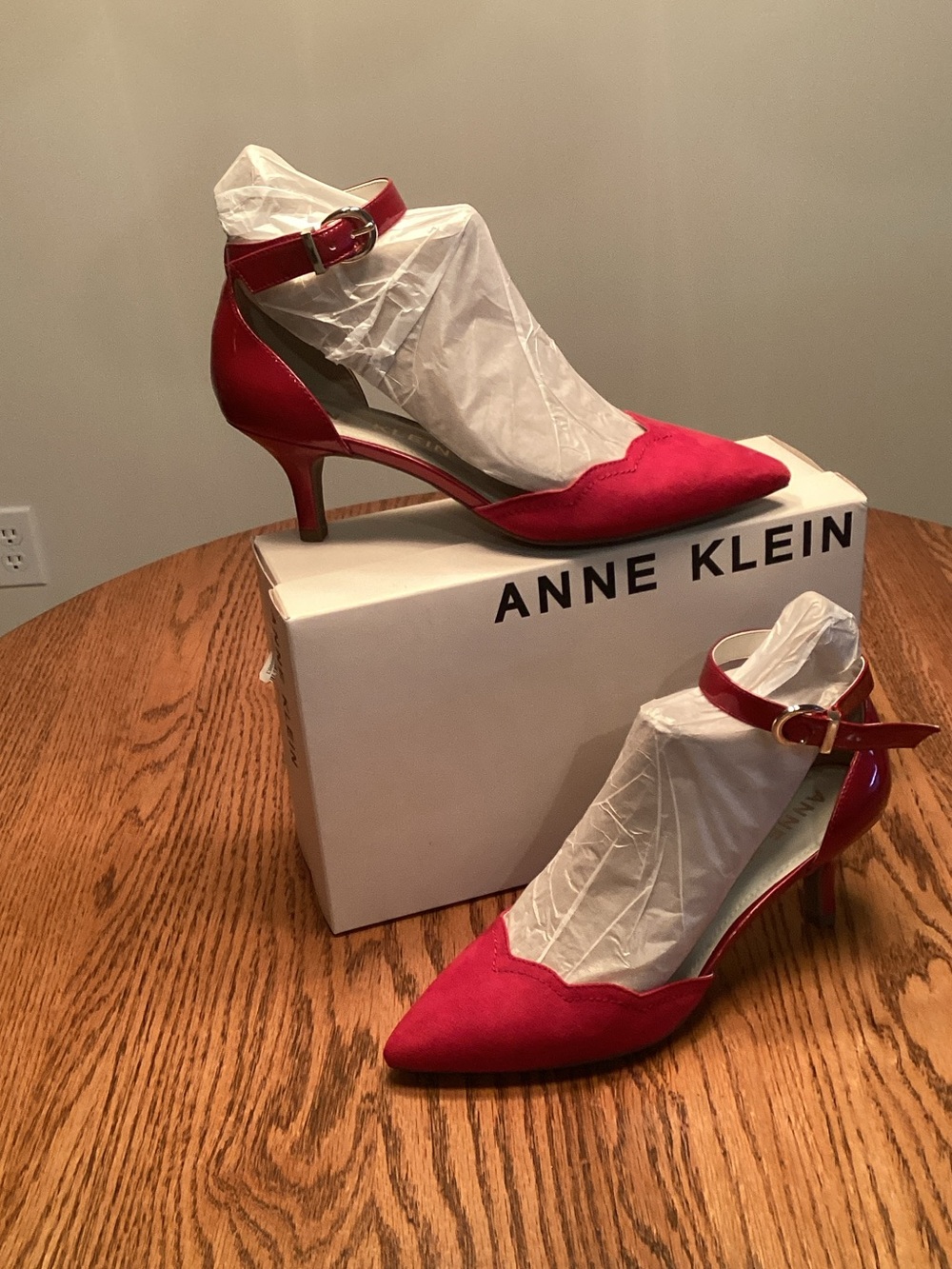 Anne Klein Red Pointed Ankle-Strap Kitten Heels